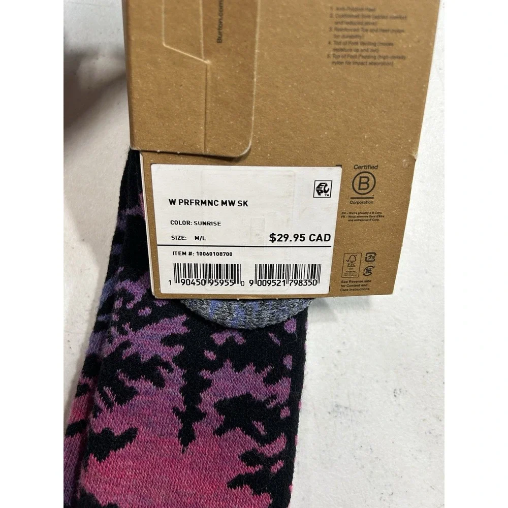 Burton Women's M/L Performance Midweight Snowboard Merino Wool Socks Sunrise(SC)